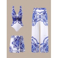 3-piece soft blue and white swimsuit set