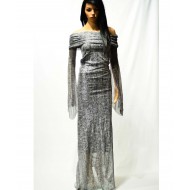 Long evening dress with long sleeves, open, embroidered fabric, light navy neck, various sizes