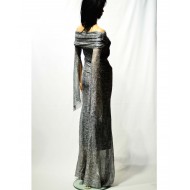 Long evening dress with long sleeves, open, embroidered fabric, light navy neck, various sizes