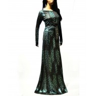 Long dress with open back and long sleeves, laser fabric, suitable for evening parties