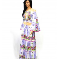 2-piece set, top and skirt, striped with floral rhinestones, navy collar