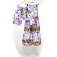 2-piece set, top and skirt, striped with floral rhinestones, navy collar